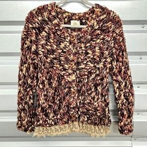 Anthropologie Monogrammed Lace-Trimmed Marled Crocheted Cardigan